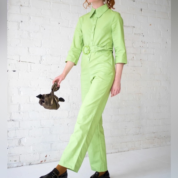 House of Sunny Golden Years Lime Green Belted Coveralls Groovy Jumpsuit Size 2 - Picture 2 of 16